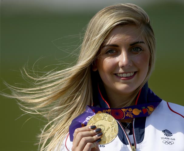 BAKU, AZERBAIJAN - JUNE 20:  Gold medalist Amber Hill of Great Britain celebrates  with the medal won in during the Women's Skeet shooting final during day eight of the Baku 2015 European Games at the Baku Shooting Centre on June 20, 2015 in Baku, Azerbaijan.  (Photo by Tom Pennington/Getty Images for BEGOC)