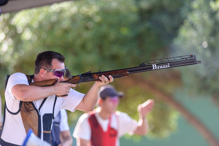NICOSIA - OCTOBER 17: Gold medalist Steven SCOTT of Great Britain competes in the Double Trap Men Finals at the Nicosia Olympic Shooting Range during Day 1 of the ISSF World Cup Final Shotgun on October 17, 2015 in Latsia - Nicosia, Cyprus. (Photo by Nicolo Zangirolami)