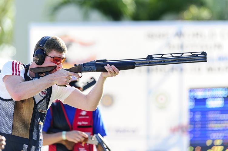 ACAPULCO - MARCH 5: 5th placed Matthew FRENCH of Great Britain competes in the Double Trap Men Finals at the at the Club "Caza, Tiro y Pesca de Acapulco, A.C." Shooting Range during Day 4 of the ISSF World Cup Shotgun on March 5, 2015 in Acapulco, Mexico. (Photo by Nicolo Zangirolami)
