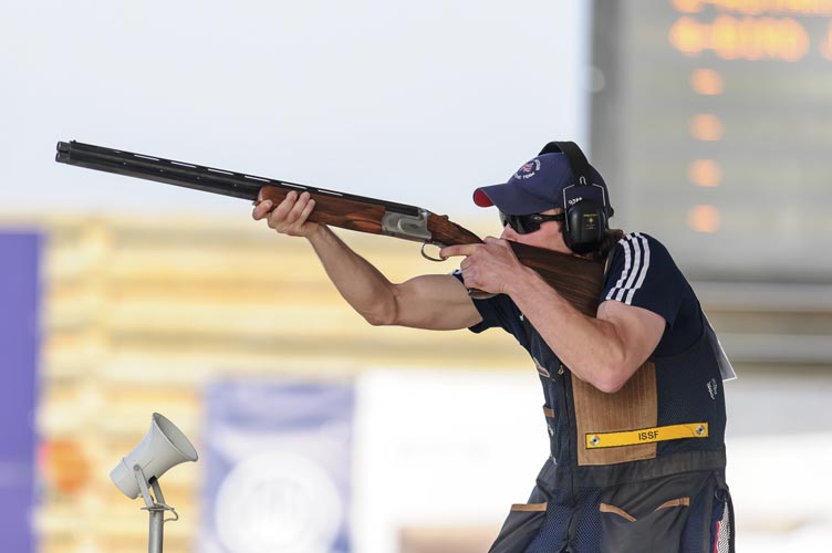 LARNACA - APRIL 27: 4th placed Jeremy Harry BIRD of Great Britain competes in the Skeet Men Finals at the Larnaca Olympic Shooting Range during Day 2 of the ISSF World Cup Shotgun on April 27, 2015 in Larnaca, Cyprus. (Photo by Nicolo Zangirolami)