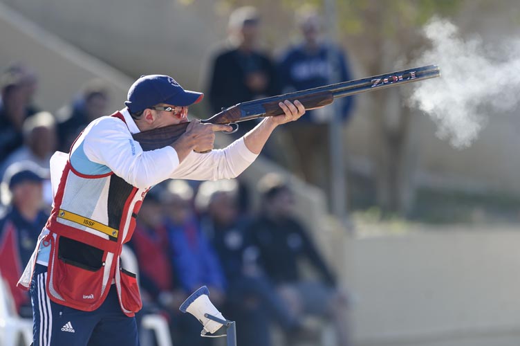 NICOSIA - MARCH 20: Silver medalist Ben William David LLEWELLIN of Great Britain competes in the Skeet Men Finals at the Nicosia Olympic Shooting Range during Day 2 of the ISSF World Cup Shotgun on March 20, 2016 in Latsia - Nicosia, Cyprus. (Photo by Nicolo Zangirolami)