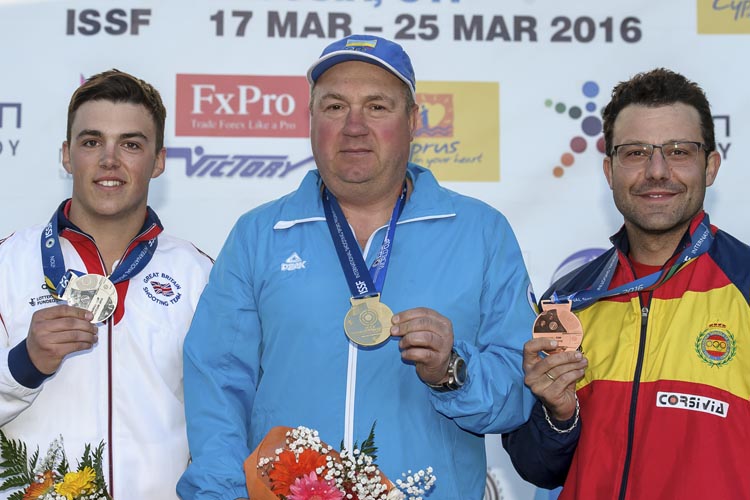 NICOSIA - MARCH 20: (L-R) Silver medalist Ben William David LLEWELLIN of Great Britain, Gold medalist Mikola MILCHEV of Ukraine and Bronze medalist Juan Jose ARAMBURU of Spain pose with their medals after the Skeet Men Finals at the Nicosia Olympic Shooting Range during Day 2 of the ISSF World Cup Shotgun on March 20, 2016 in Latsia - Nicosia, Cyprus. (Photo by Nicolo Zangirolami)