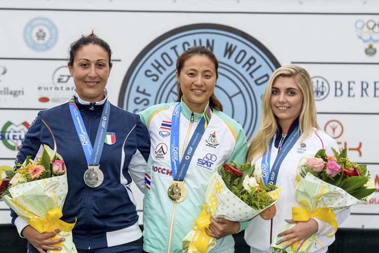 SAN MARINO - JUNE 9: (L-R) Silver medalist Diana BACOSI of Italy, Gold medalist Sutiya JIEWCHALOEMMIT of Thailand and Bronze medalist Amber HILL of Great Britain pose with their medals after the Skeet Women Finals at the Shooting Range during Day 7 of the ISSF World Cup Shotgun on June 9, 2016 in San Marino. (Photo by Nicolo Zangirolami)