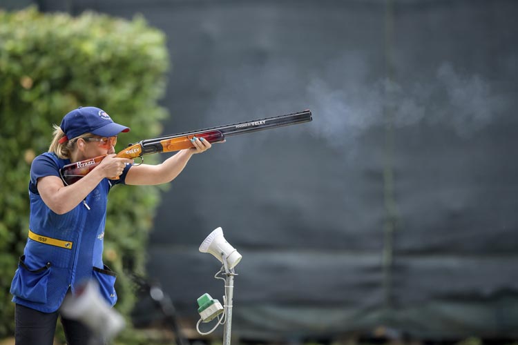 SAN MARINO - JUNE 9: Bronze medalist Amber HILL of Great Britain competes in the Skeet Women Finals at the Shooting Range during Day 7 of the ISSF World Cup Shotgun on June 9, 2016 in San Marino. (Photo by Nicolo Zangirolami)